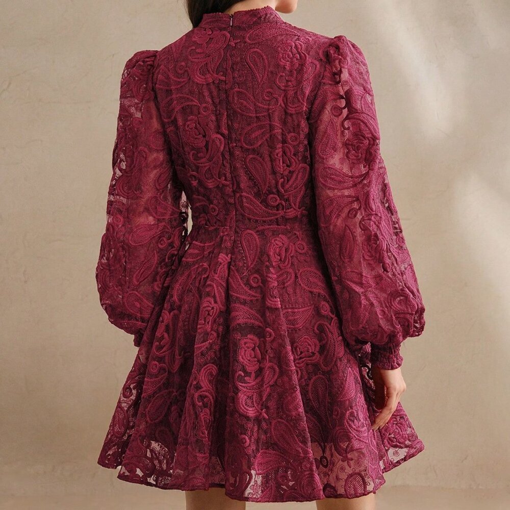 Burgundy Elegant Women's Floral Mesh Lantern Sleeve Dress - Picture 2 of 6